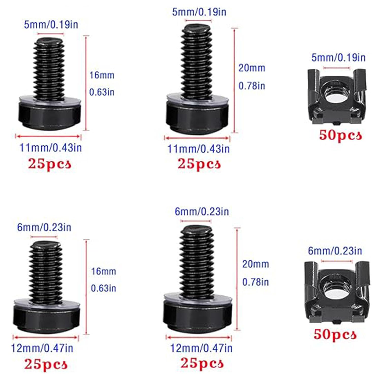 Shengsenfu 100Pcs/200Pcs M5 M6 Cage Nuts Screws and Washers Set - Metric Square Hole Hardware for Server Racks, Cabinets & Shelves, Black Upgraded Box for Routers and Rack Mount Accessories image number 5