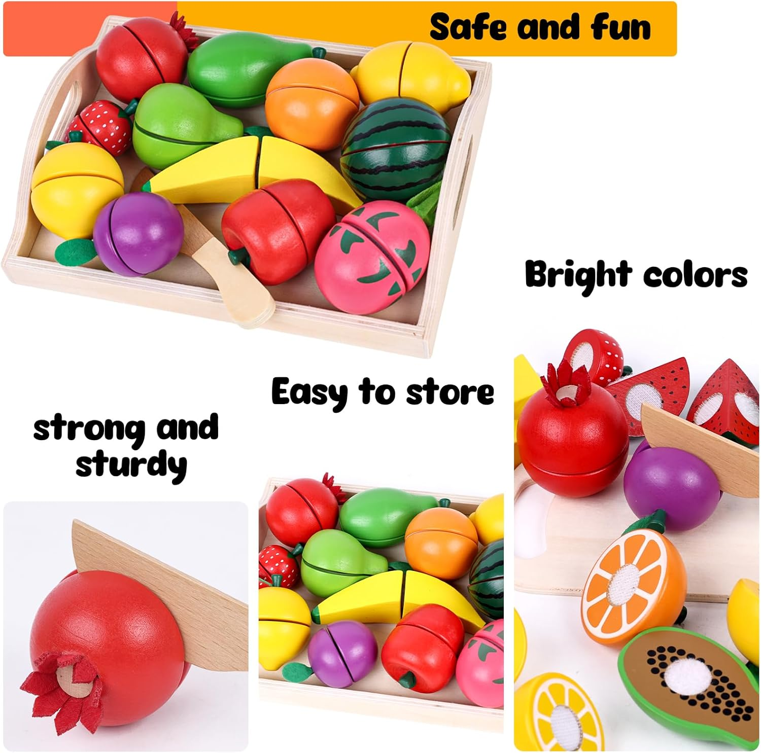 MCPINKY 15PCS Wooden Play Food, Play Kitchen Accessories Food Cutting Toys Montessori Toys for Kids image number 1