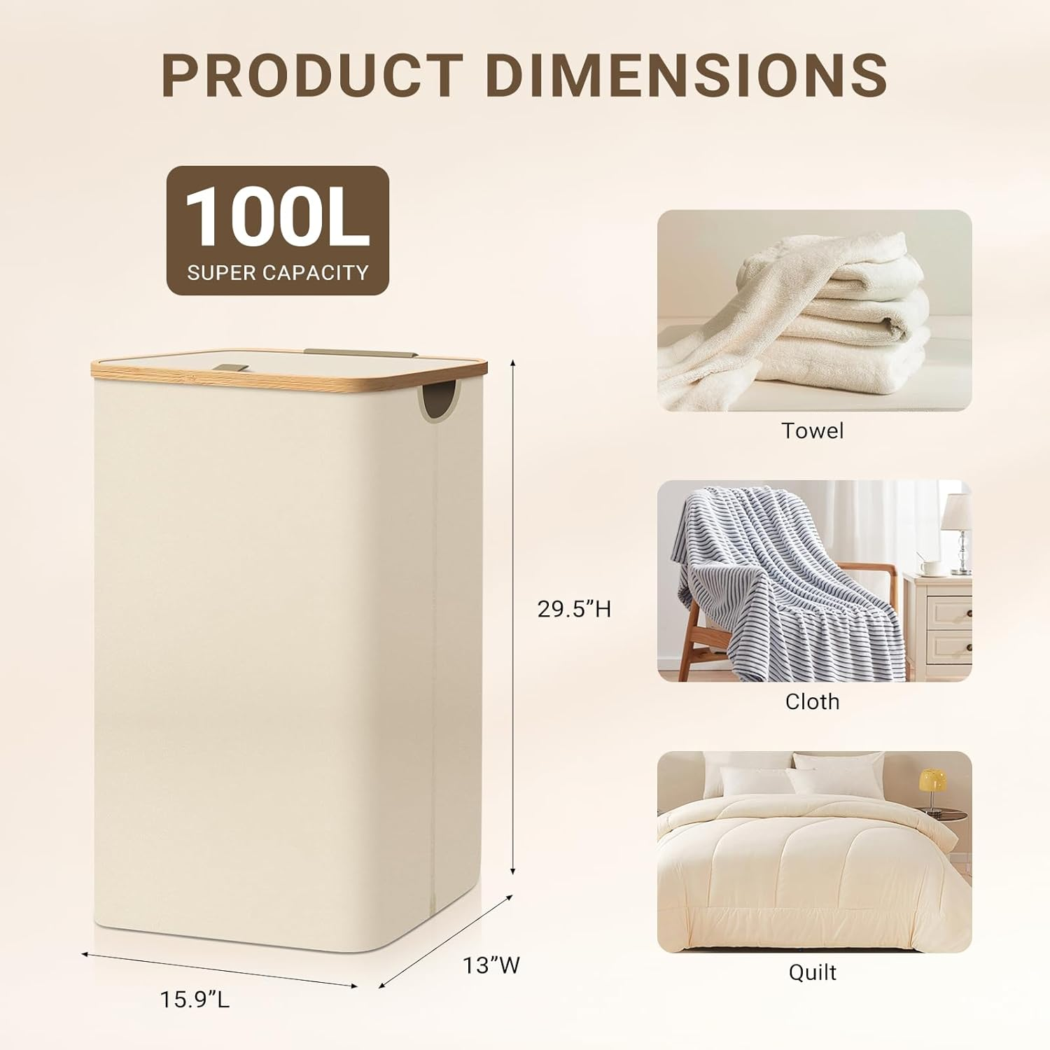 Cozi 100L Large Laundry Hamper with Lid & Bamboo Handles, Tall Dirty Clothes Basket W/Removable Inner Bag &ndash; for Bedroom, Bathroom, Dorm, Laundry Room (Beige, 40.5 &times; 33 &times; 75Cm) image number 3