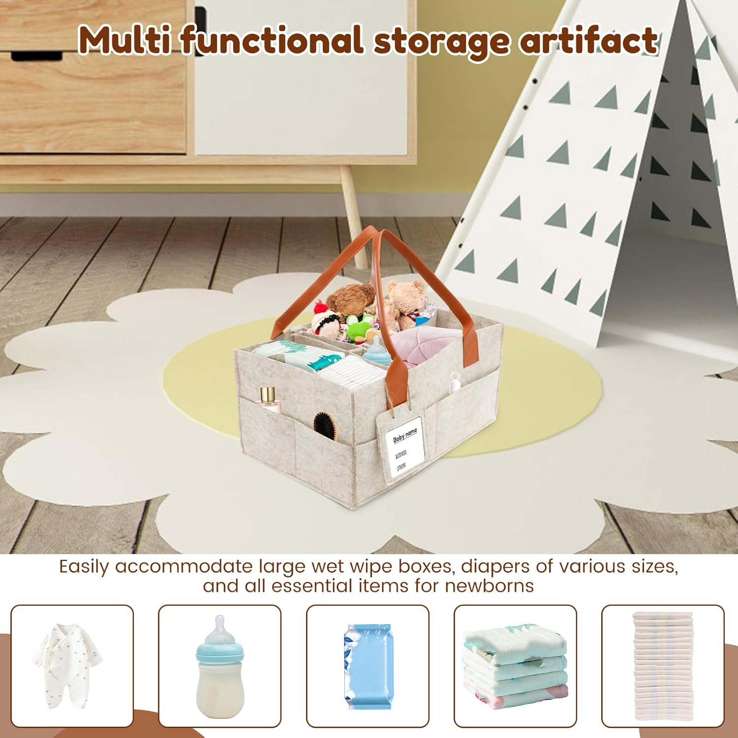 Baby Diaper Caddy Organizer, Nursery Storage Basket for Newborn Essentials Portable Thickened Felt Baby Diaper Caddy with PU Leather Handle Multiple Compartment for Home Outdoor New Parent image number 5