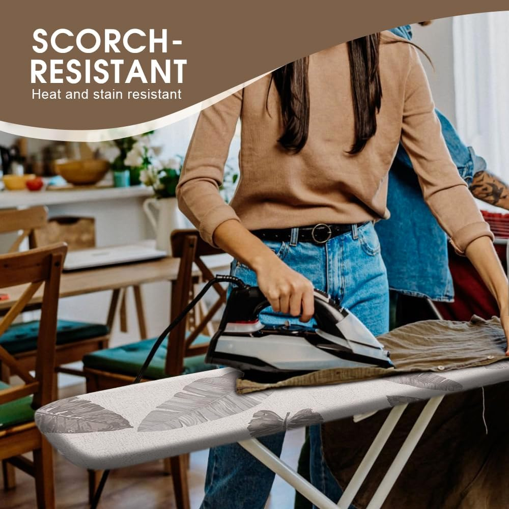 Sonicefit Ironing Board Cover Pad, 56X135Cm Standard Ironing Board Pads with Elastic Edge & Fastener Strape, Scorch & Stain Resistant Cotton Ironing Covers with Thick Padding (Grey Leaves, 56X135Cm) - Grey image number 3