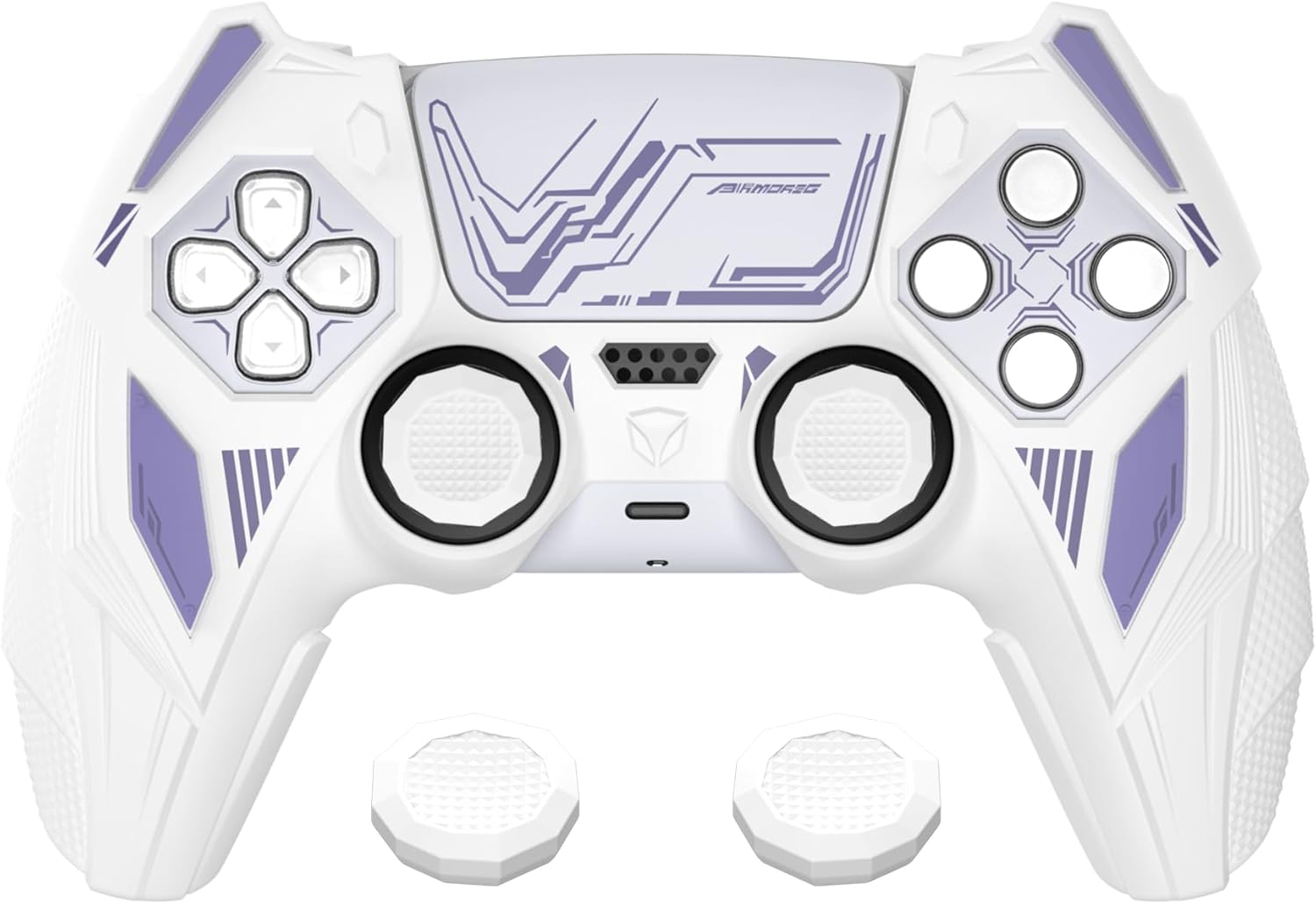 Playvital Mecha Rhino Silicone Cover for Ps5 Controller with Thumb Grips & Stickers, Anti-Slip Controller Grip Skin Accessories Compatible with Ps5 Charging Station - White & Light Violet image number 1