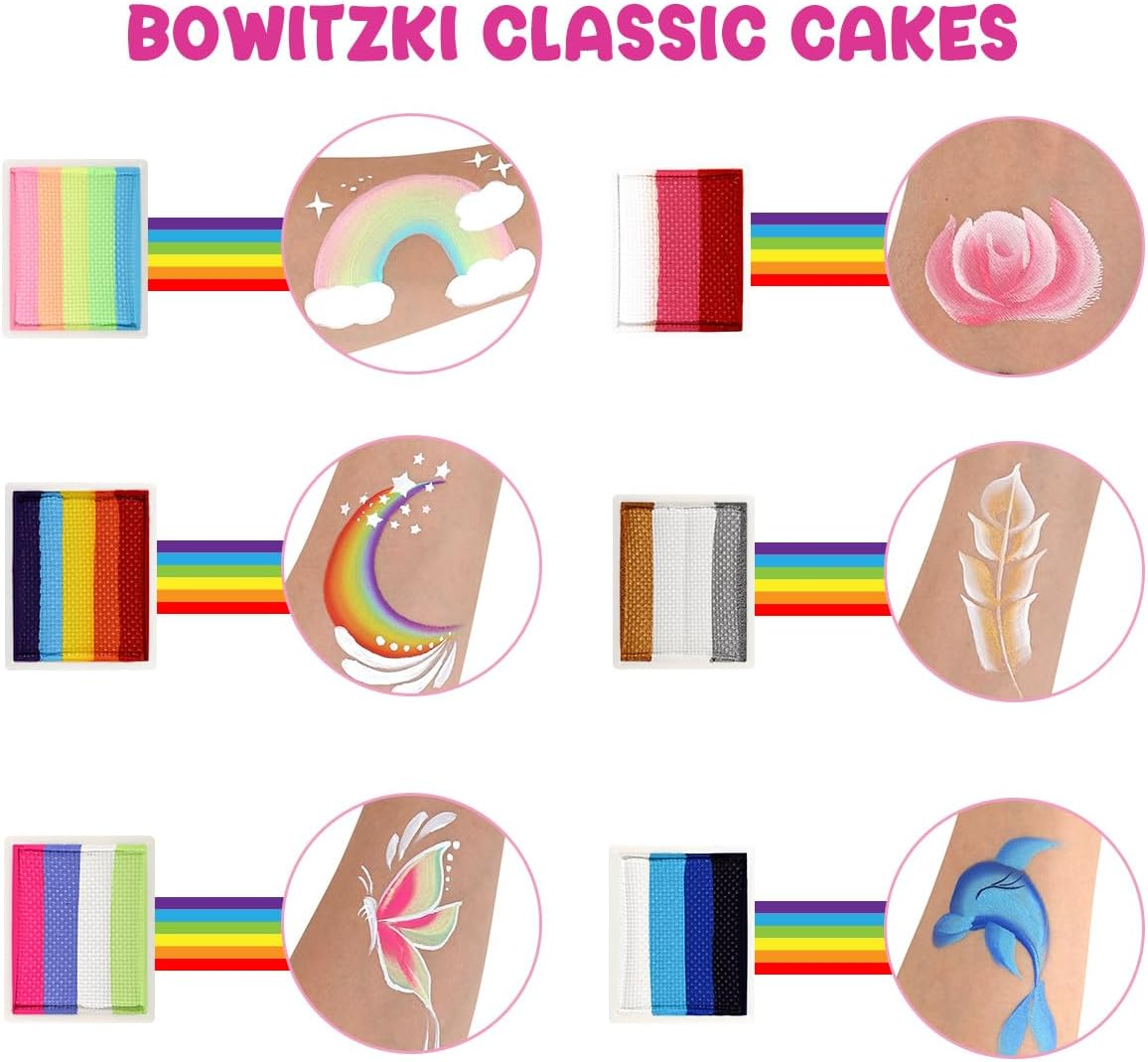 Bowitzki Face Paint 12X10 Gm Professional Body Painting Kit for Kids Adults Stencil One Stroke Split Cake Non Toxic Rainbow Flora Dolphin Unicorn Flame Makeup Halloween Christmas Easter - Bright Set image number 5