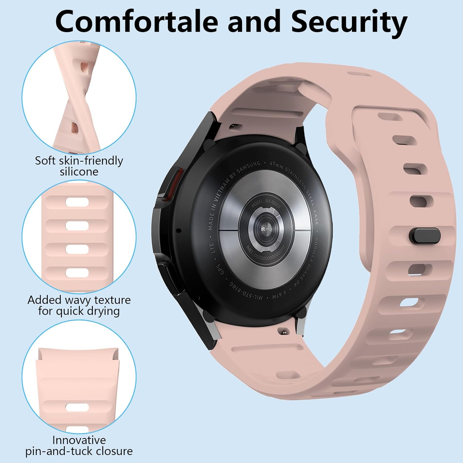 Rugged No Gap Band for Samsung Galaxy Watch 7 6 5 4 Band 44Mm 40Mm/Galaxy Watch 6 Classic Bands 47Mm 43Mm/Watch 5 Pro 45Mm/Watch 4 Classic 46Mm 42Mm, Silicone Wristband Sport Strap Men Women-Black image number 6