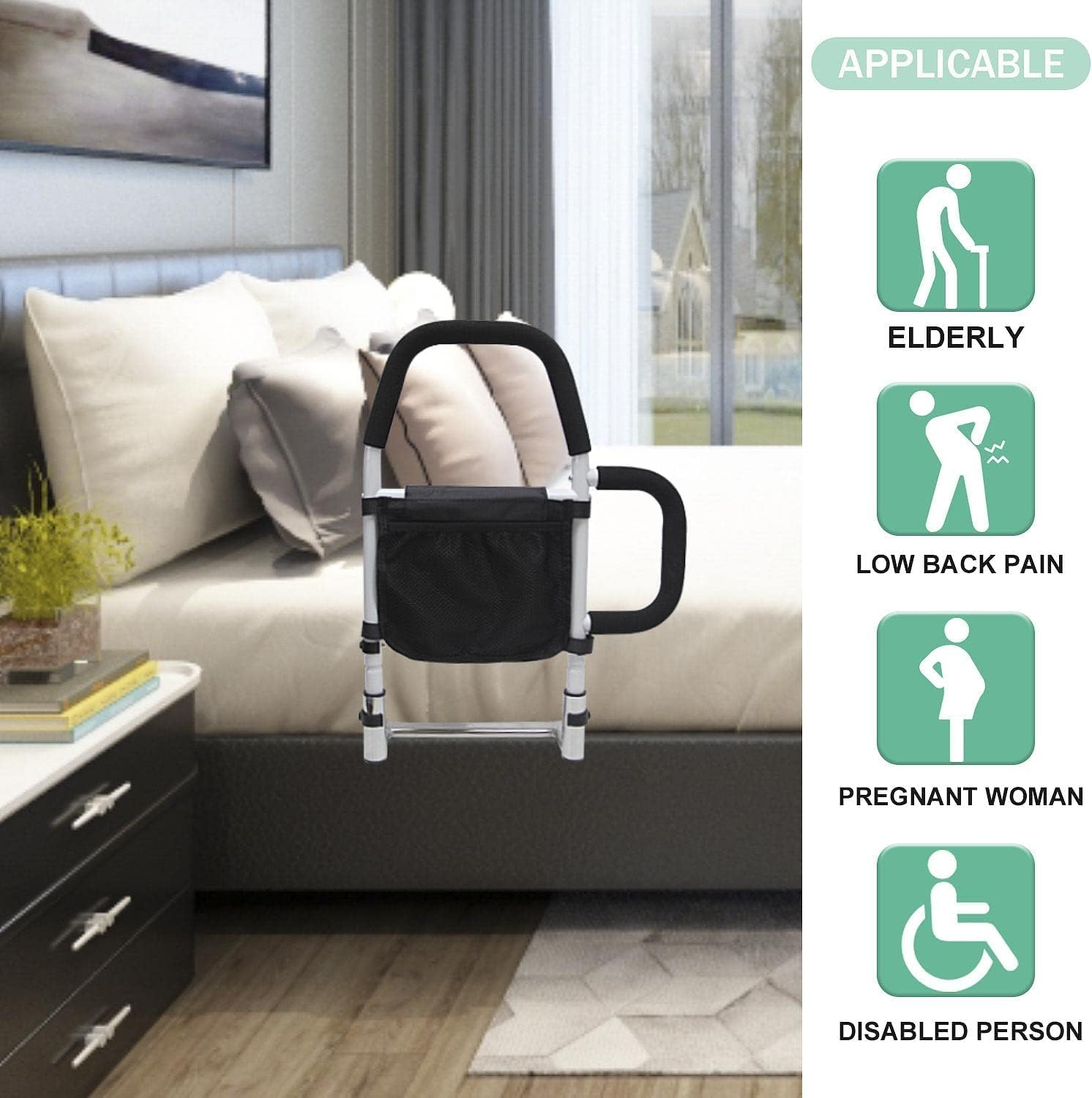 Bed Rails for Elderly Adults with Dual Grab Bars & Storage Pocket, Portable Adjustable Bed Assist Rail, Bed Rail Support up to 300Lbs, Fits King, Queen, Full Bed image number 5