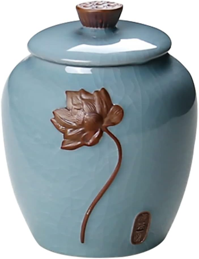 CAXUSD Ceramic Tea Can Tea Canister Relief Lotus Design for Home Office Food Storage Can Container for Loose Leaf Random Color image number 3