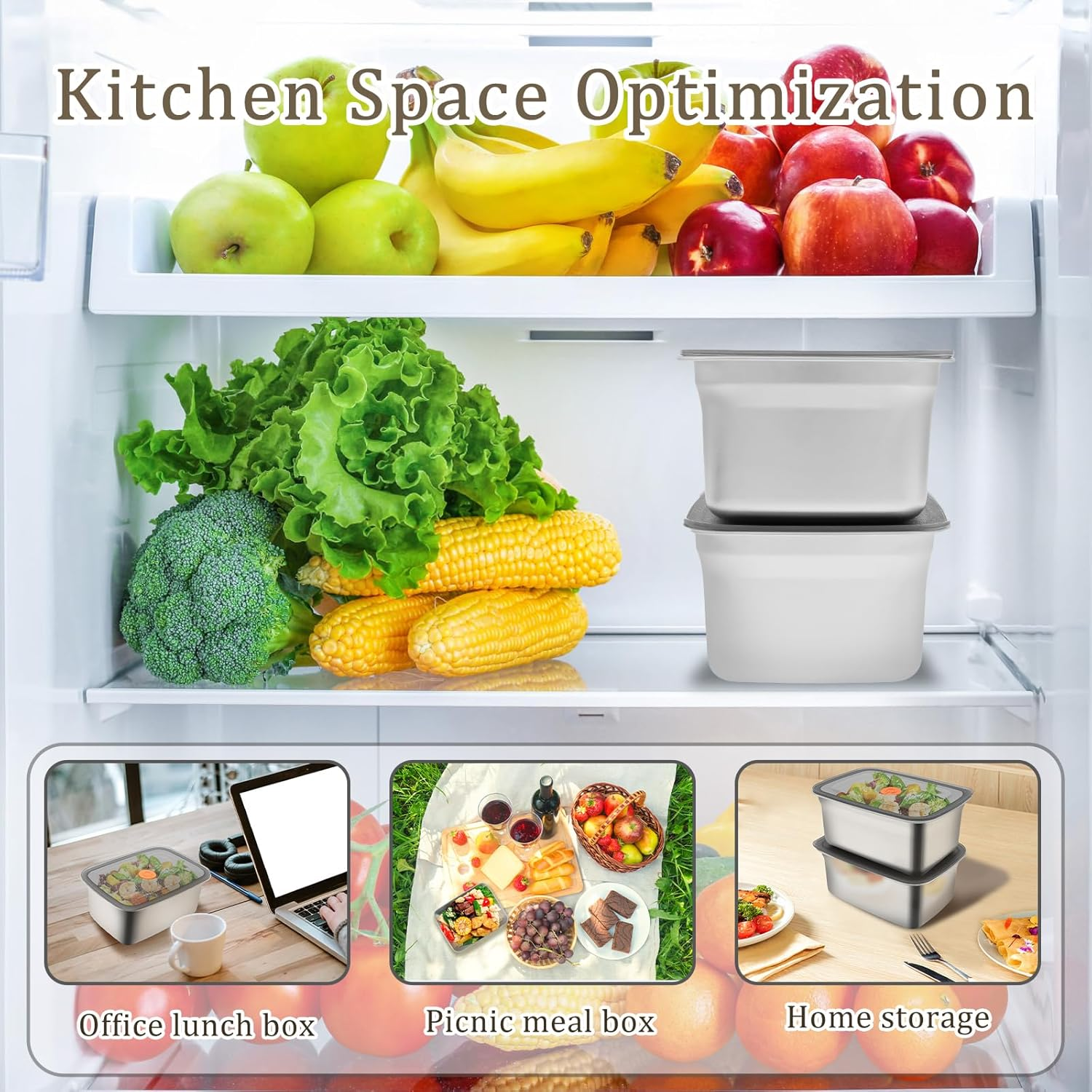 5 PCS Stainless Steel Food with Lid, 1500Ml/2500Ml Crisper Box for Fridge Fruit Container Airtight Kitchen Box for Vegetable Meat Cookie (1500ML)