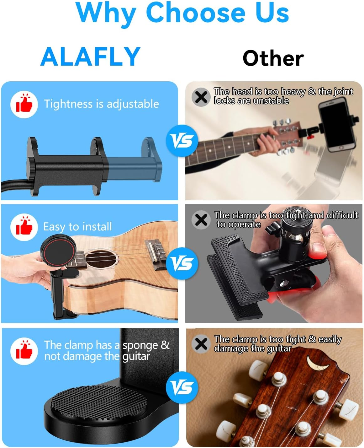 ALAFLY Guitar Head Phone Holder - Universal Smartphone Mount for Guitar, Bass, Ukulele, 360&deg; Rotating & Adjustable Ideal for Video Recording/Live Streaming/Online Teaching image number 5