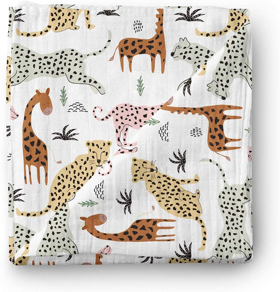 Aenne Baby Safari Animals Muslin Swaddle Blanket Gender Neutral Travel, Large 120 X 120 Cm, 1 Pack, Baby Shower Gifts, Luxurious Soft and Silky Bamboo Cotton, Nursing Cover, Wrap, Stroller Cover Giraffe, Cheetah, Lion image number 1