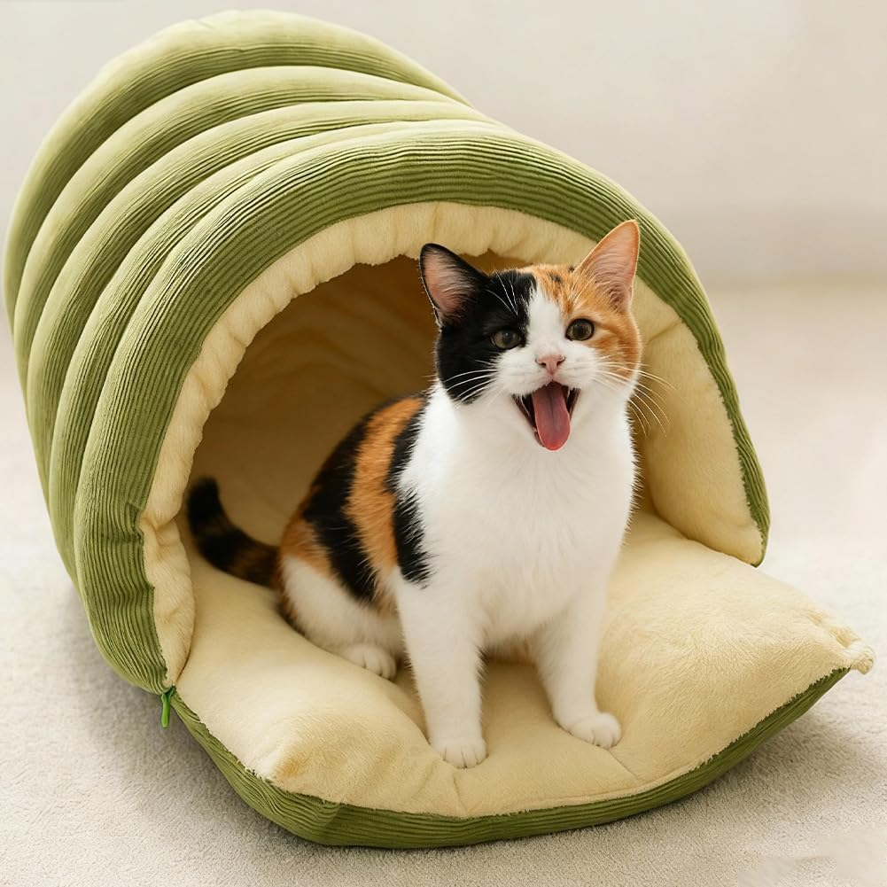 Removable and Washable Winter Closed-Off Cat Bed, Warm Cat Bed for Winter, Cotton Soft Pet Nest for Cats, Warm Cave Nest Sleeping Puppy for Cats & Small Dogs (Green, Large) image number 2