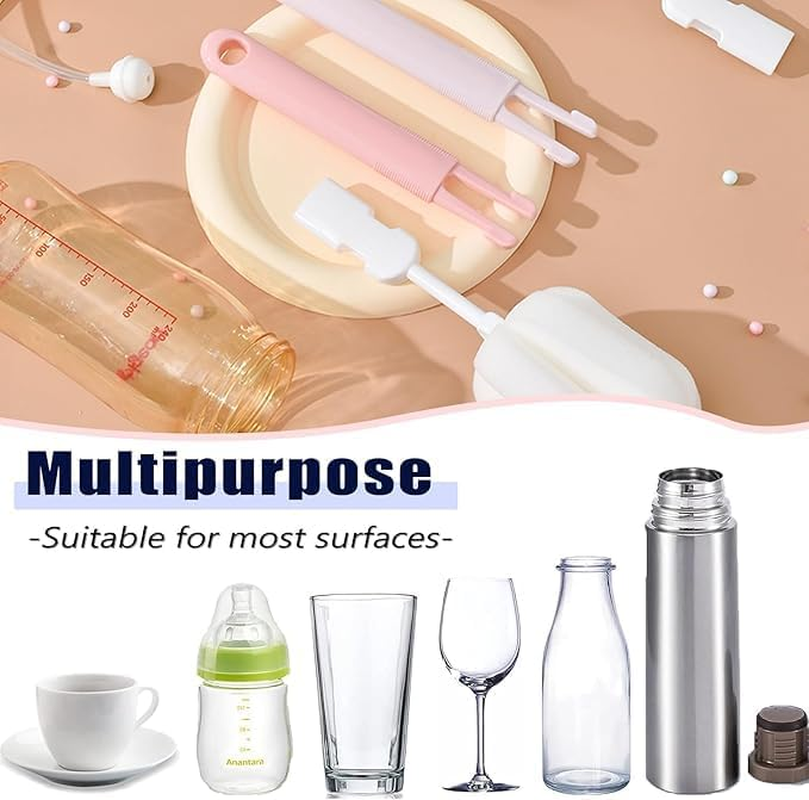 4 Pcs Sponge Bottle Brush Cup Brushes Long Handle Portable Sponge Cleaning Brush Scrubber Detachable for Baby Bottle Dishwashing Kitchen Clean Glasses Mugs (Brush Handle Random Color) (White)