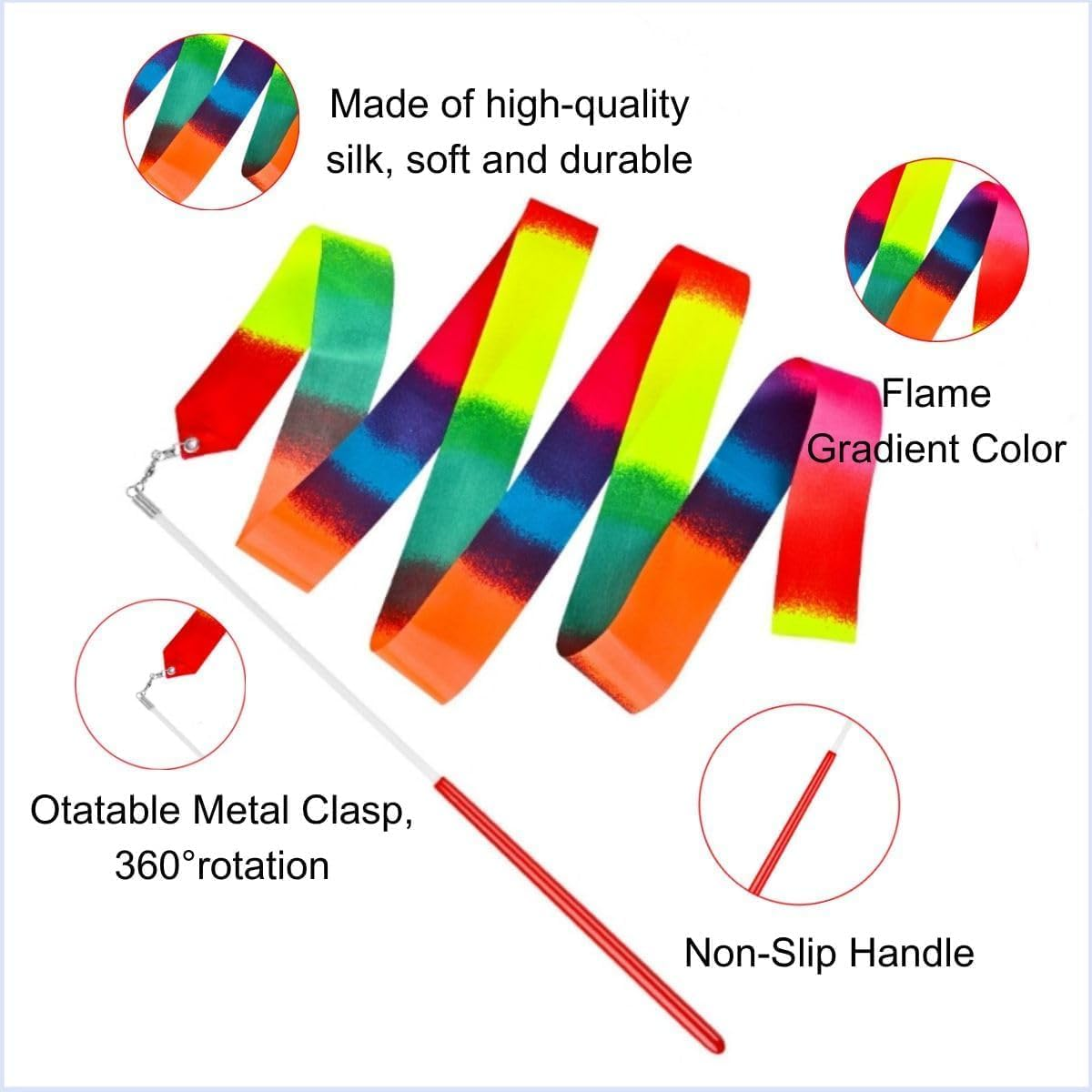 2 Pcs Dance Ribbons, Rainbow Ribbon, Rainbow Twirler Stick, Rhythmic Gymnastics Ribbon, Ribbon Dancer Wand for Kids Adults, Fits Artistic Dancing Gymnastics image number 2