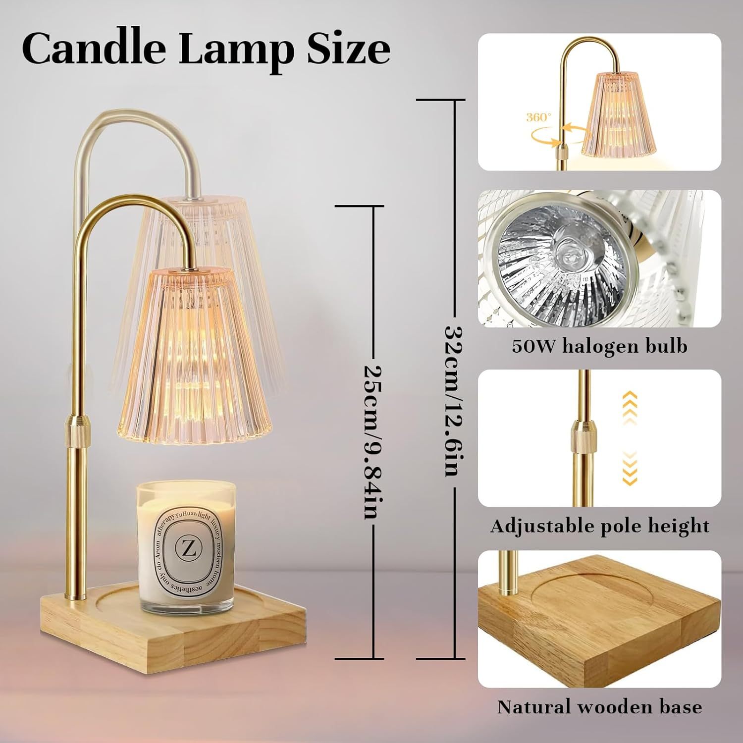 Candle Warmer Lamp with Timer, Adjustable Height Wax Warmer, Candle Lamp Warmer for Scented Wax for Home Decor Birthday Gifts with 2 Bulbs Elliptical Base (Gold-Square, M) - Gold-Square image number 3