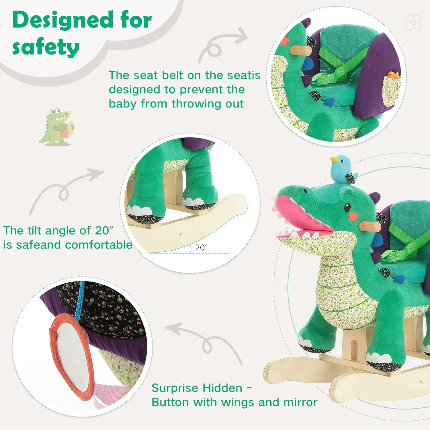 Labebe Child Rocking Horse Toy, Stuffed Animal Rocker, Green Crocodile Plush Rocker Toy for Kid 1-3 Years, Wooden Rocking Horse Chair/Child Rocking Toy/Outdoor Rocking Horse/Rocker/Animal Ride On image number 2