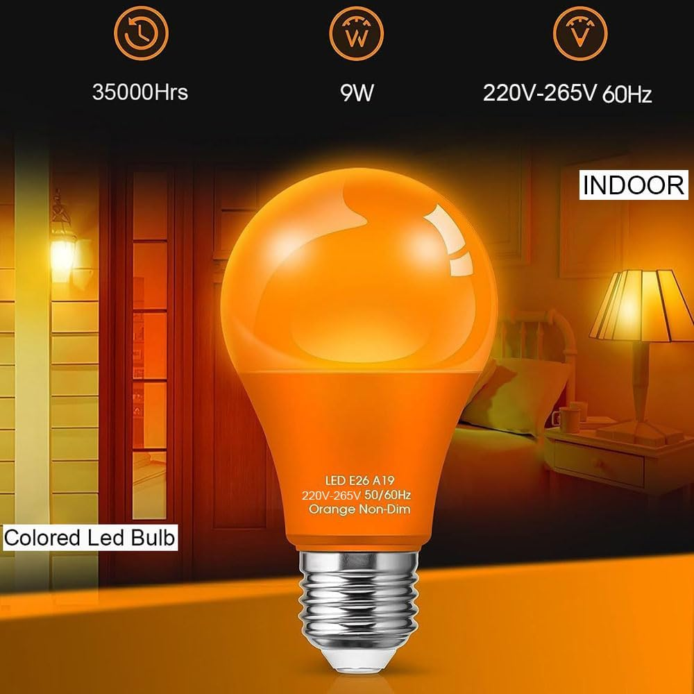 Porch Light Bulb,60 Watt Equivalent,9W A60 LED Bulbs for Halloween Christmas Party Bar Decoration and Home Lighting,Colored Light Bulb with E27 Base,Non-Dimmable,4 Pack (Orange) - Orange image number 5