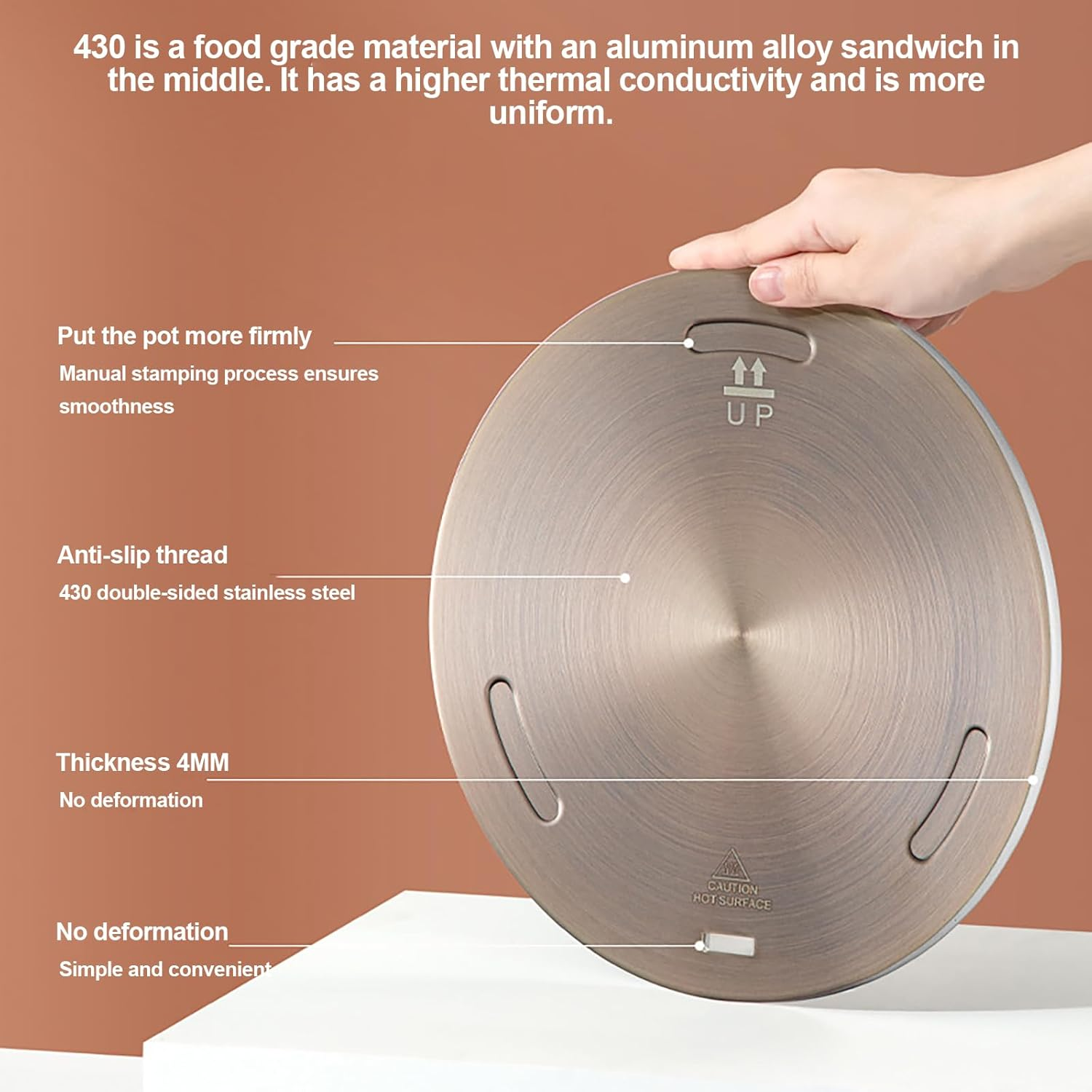 Jascherry 28Cm Heat Diffuser Plate, Stainless Steel Cooking Induction Adapter Simmer Plate for Electric Gas Glass Cooktop Hob Ring, Induction Cooktop Converter Plate with Handle, Rose Gold(D) image number 4