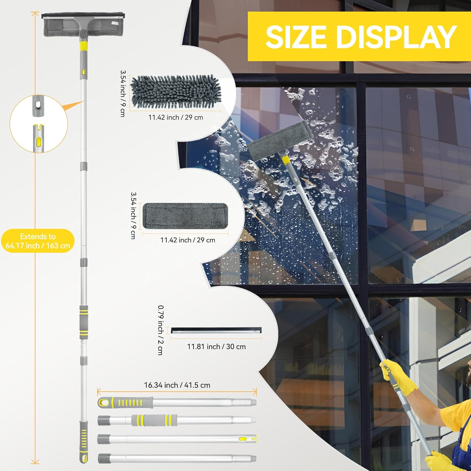 JEHONN Window Cleaning Equipment, 163 Cm Long Handle Professional Shower Glass Washing Brush Extendable, 3 in 1 Wall Cleaner Duster for Home Indoor Outdoor Mirror Car Windshield - Orange image number 2