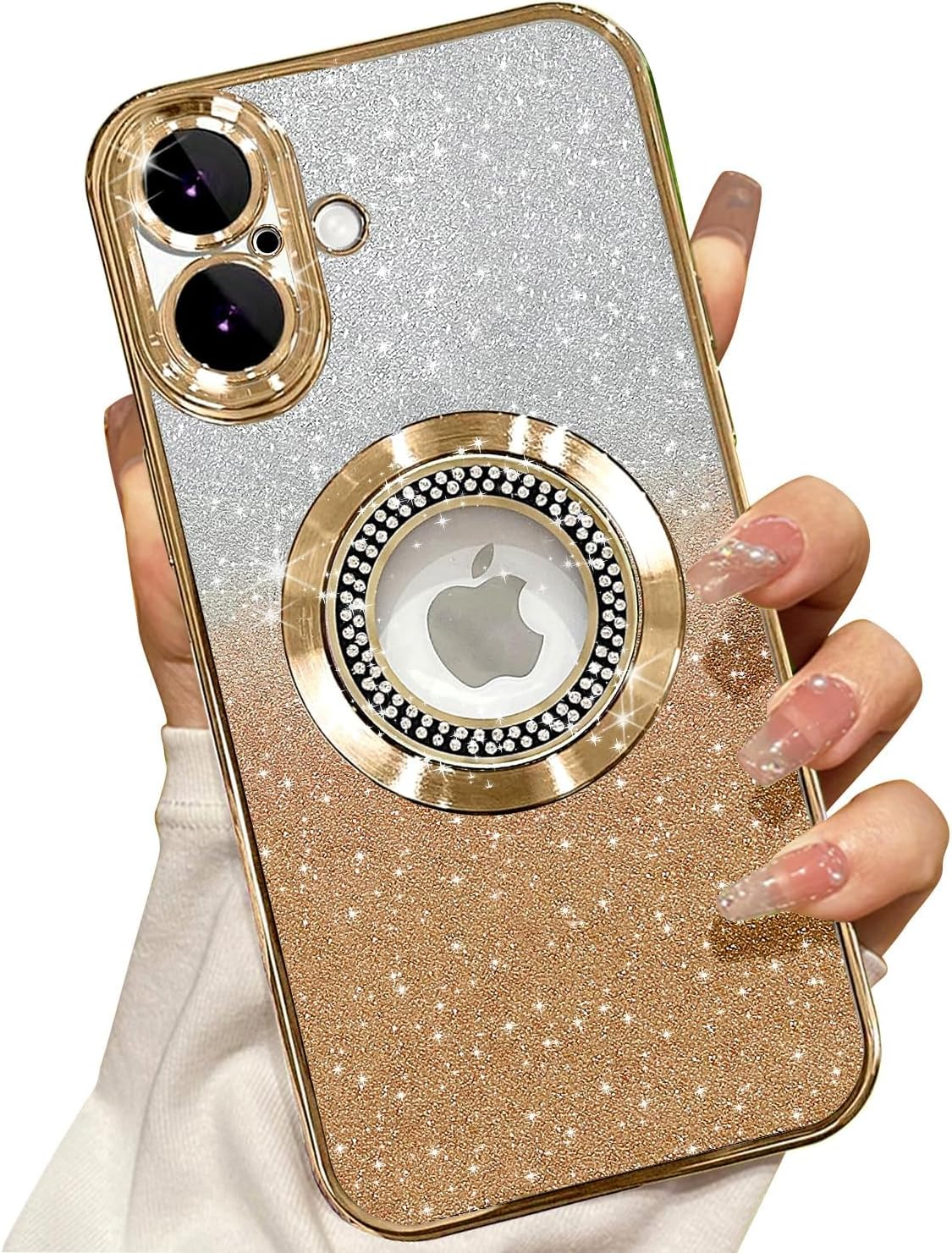AMITOME Glitter Phone Case for Iphone 15 Pro Max 6.7 Inch,Diamond Wrapped Magnetic Suction Case,Luxury Plating Bling Shockproof Rugged Protective Cover for Women Girl Men - Gold image number 4