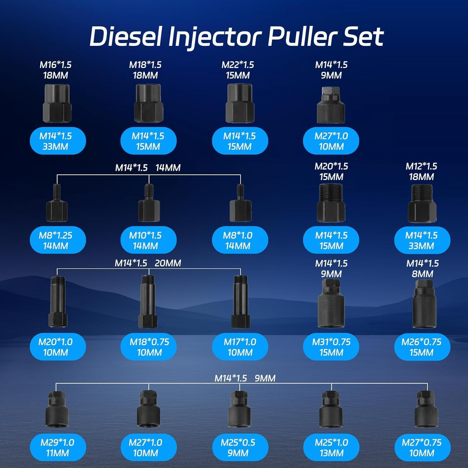 Pneumatic Injector Puller Set, 5-8 Bar Air Vibration Diesel Fuel Injector Removal Tool Set of 25 with Extractor Hammer, 19 Adapters, Extension Hose, UK and JP Connectors image number 4