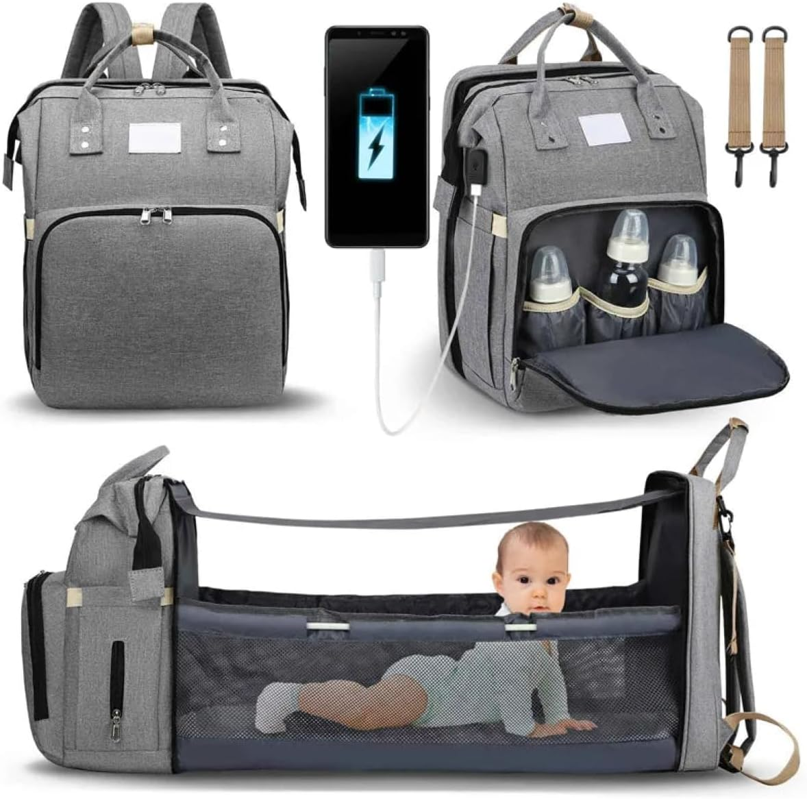 Fashionable Mommy Bag Folding Baby Bed Mother Large Capacity Portable Milk Bottle Diaper Double Shoulder Mom'S Bag image number 2
