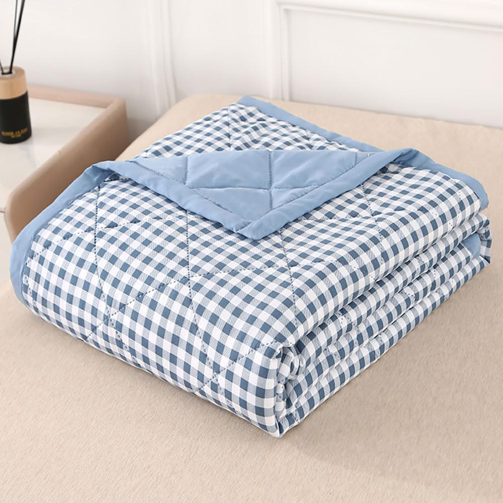 Plaid Quilted Bedspreads - Summer Soft Washed Cotton Lightweight Comforter, Reversible Checked Polyester Filling Cooling Blanket for Single Double Bed Air Conditioning Use (Light Blue,150X200Cm) image number 5