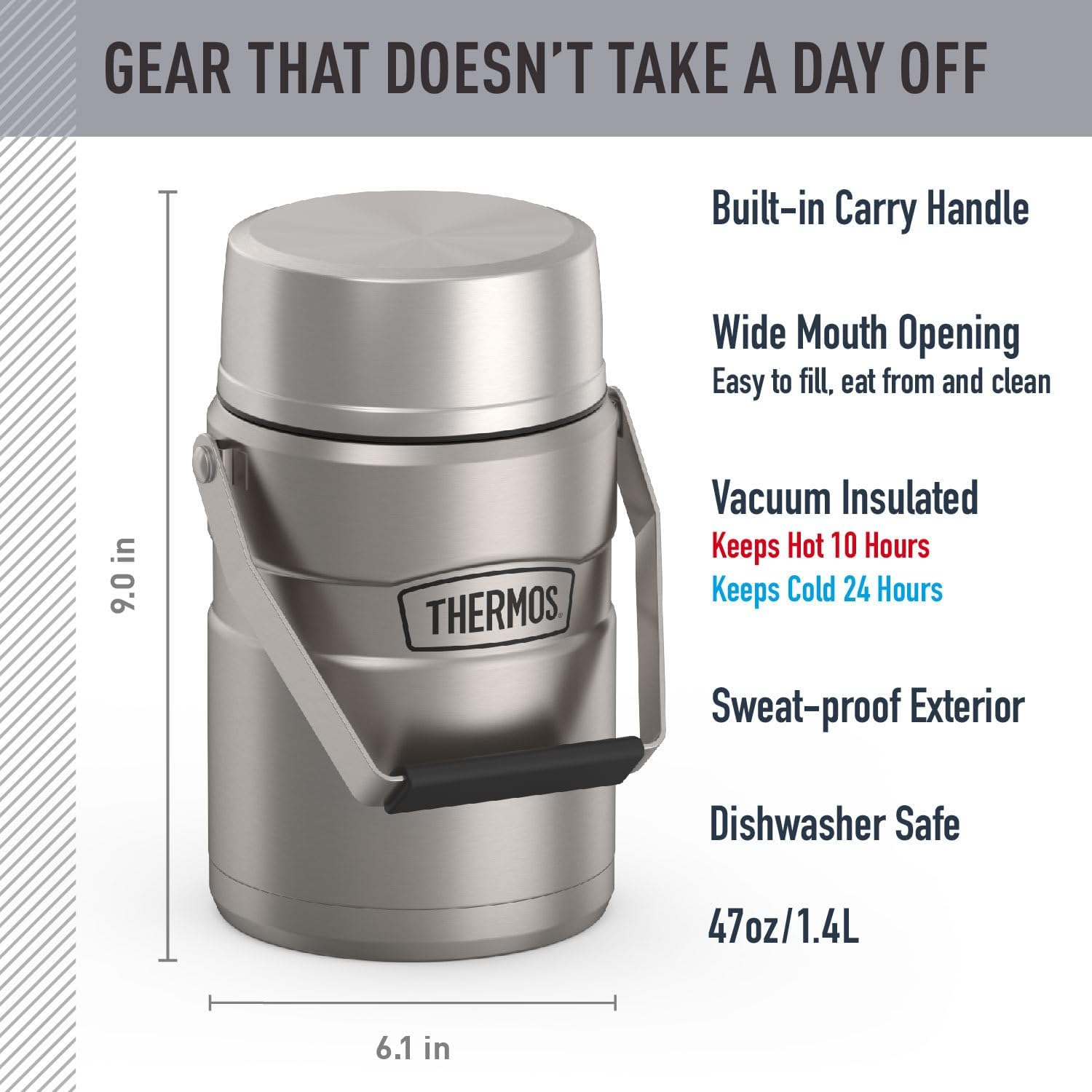 Thermos Stainless King Vacuum-Insulated Food Jar with 2 Storage Container Inserts, 47 Ounce, Matte Steel image number 4