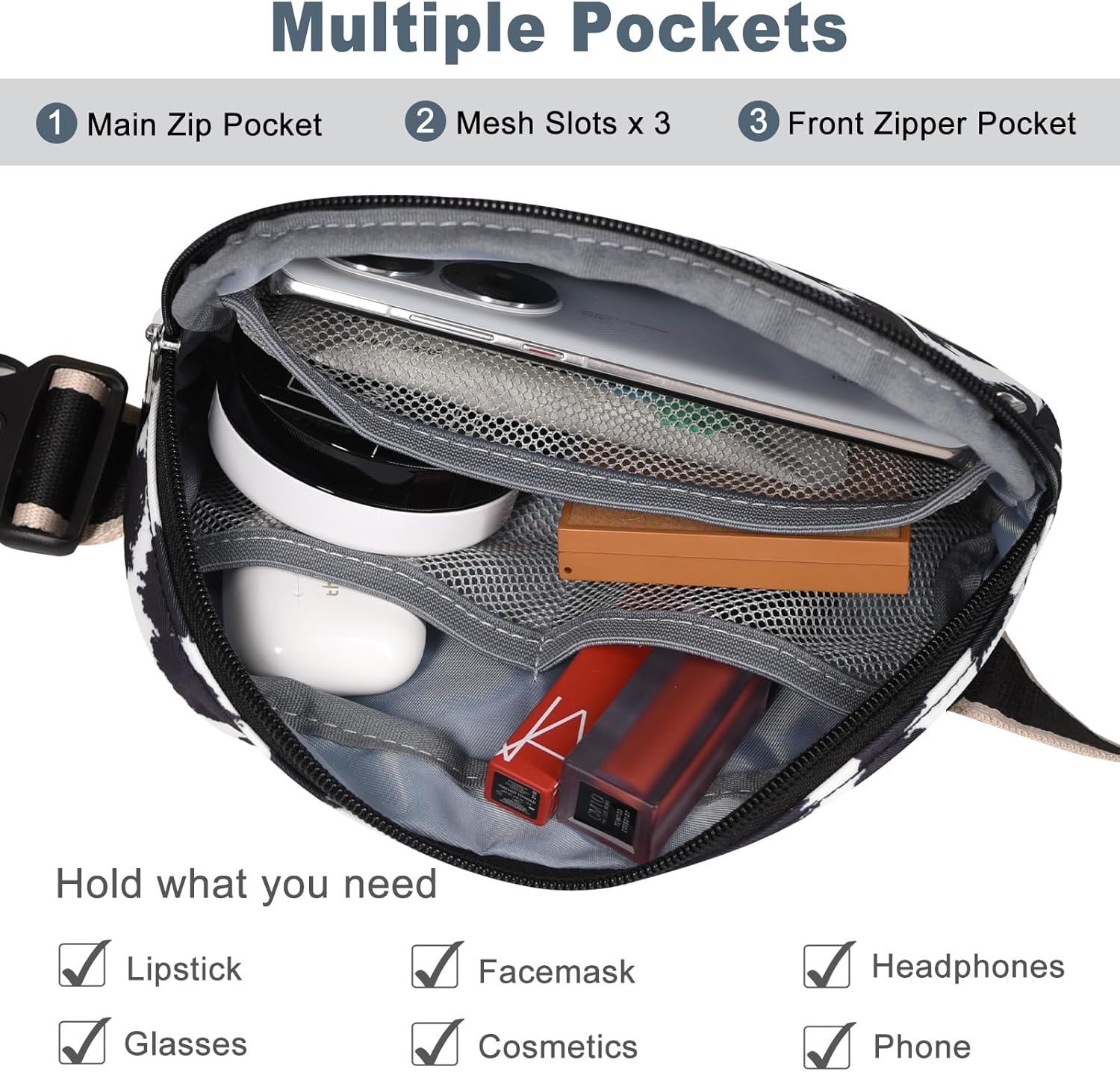 Dmluna Small Crossbody Bags for Women Trendy, Lightweight Fanny Pack for Women & Men, Mini Belt Bag, Waist Bag with Adjustable Strap for Running Workout Traveling, Z - Black/White Leopard, Small, - Beige image number 3