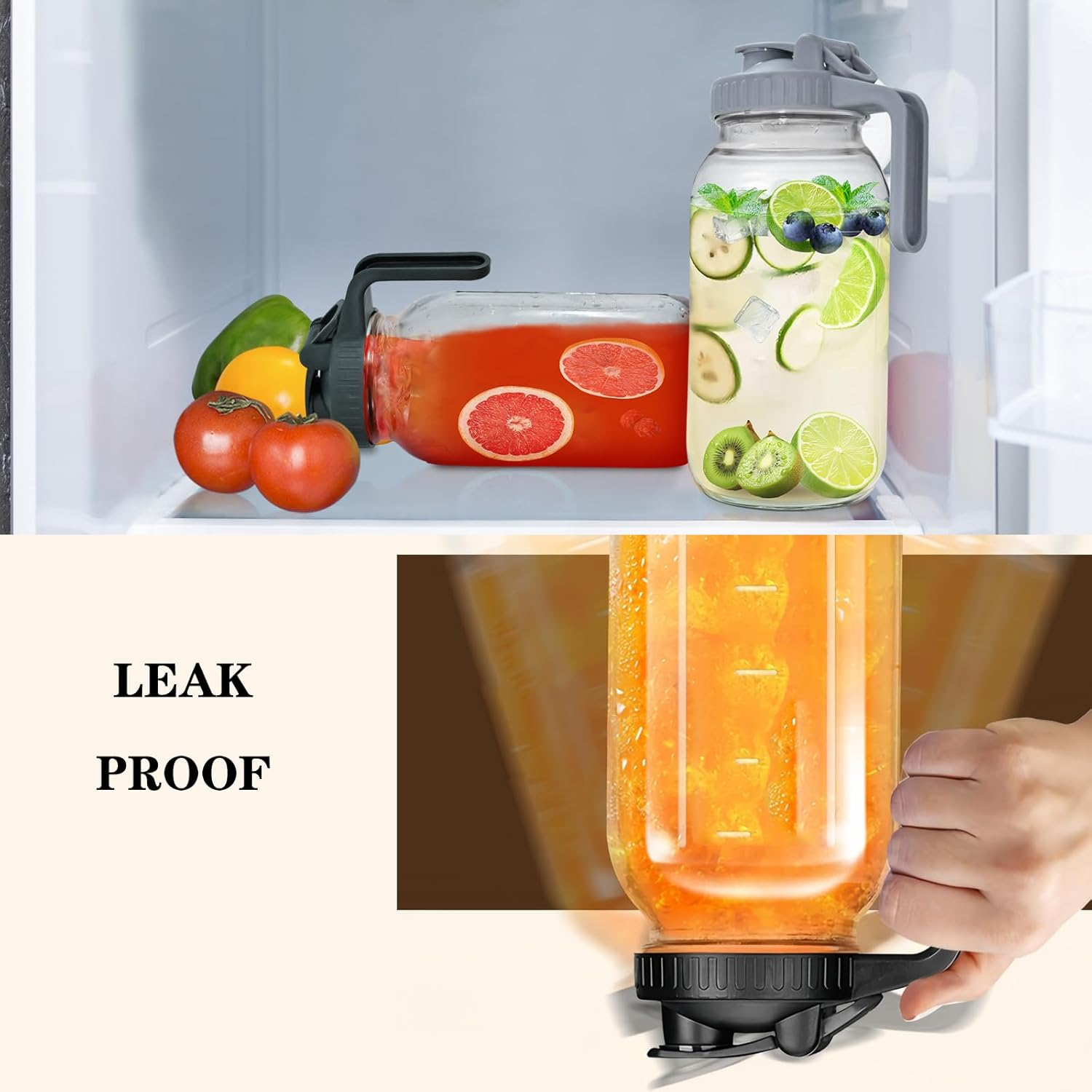 2 Pack Glass Water Jugs with Lid and Spout, 64Oz 1900ML Wide Mouth Mason Jar Pitcher, Leak-Proof Homemade Juice Bottle for Iced Tea Coffee Milk and Drinks image number 3