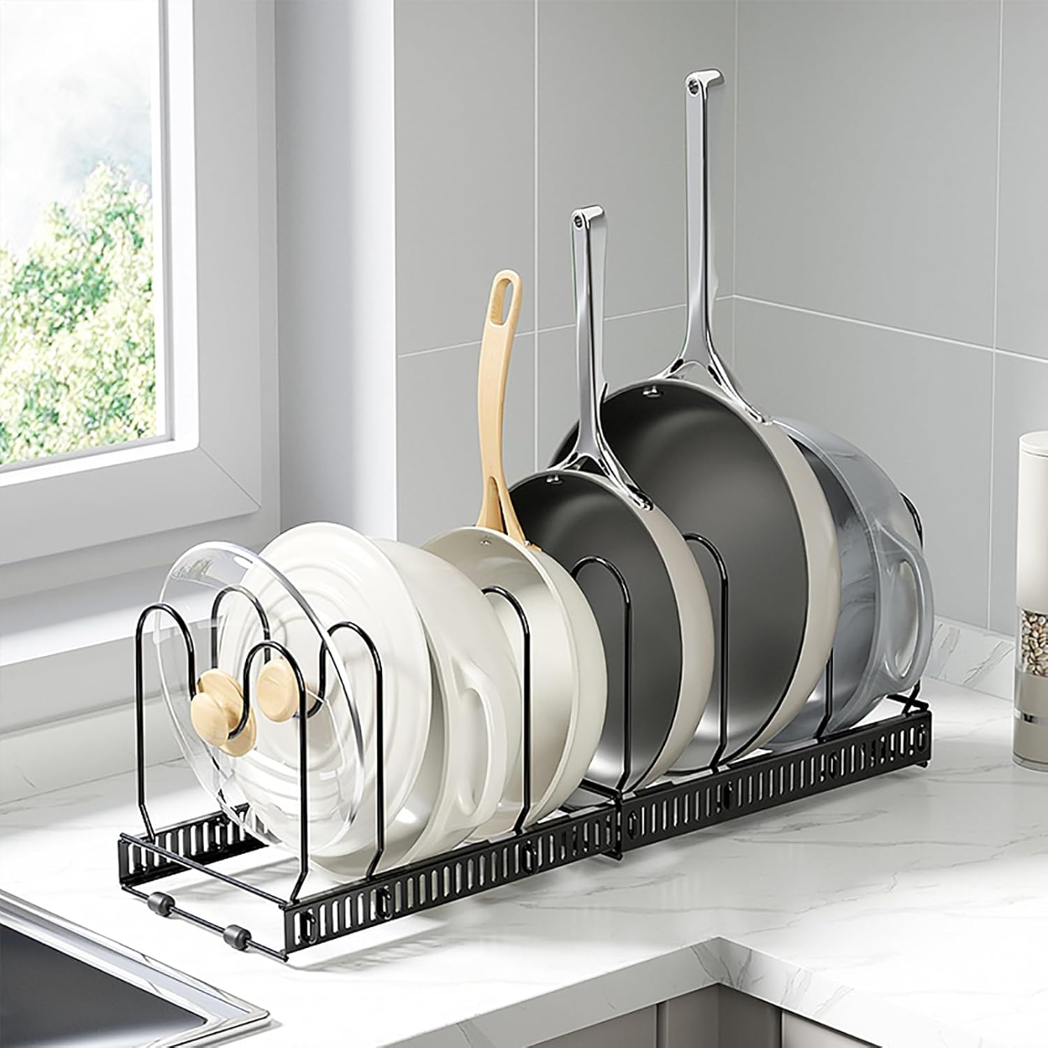 Merrynine Expandable Pans Organizer Rack, 10 Adjustable Compartments, 30-58 CM, Cookware Holder for Pantry or Cabinet, Kitchen Home Storage & Organisation, Black image number 4