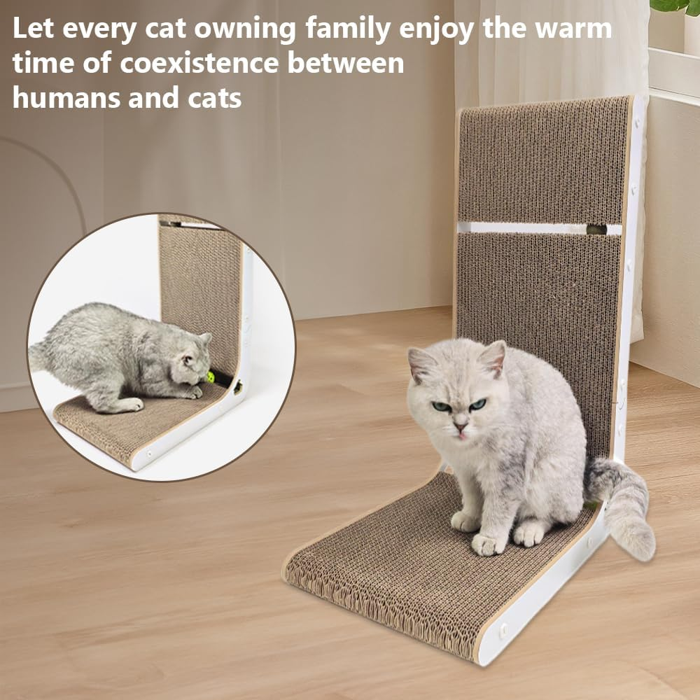 L-Shape Vertical Cat Scratching Board, 23.6" Wall-Mounted Cardboard Cat Scratcher with Catnip Ball Toys, Large Furniture Protector for Indoor Cats image number 2