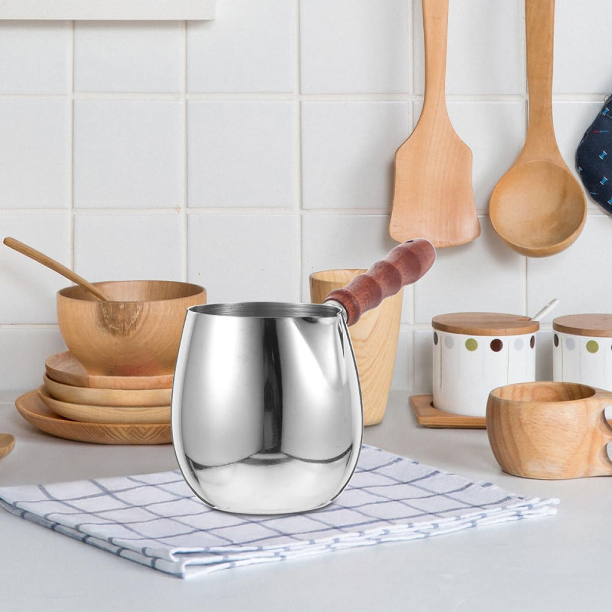 GALPADA Stainless Steel Milk Frothing Pitcher 6000Ml with Wood Handle Espresso Milk Jug for Latte Art Coffee Frother Cup Suitable for Barista and Home Use