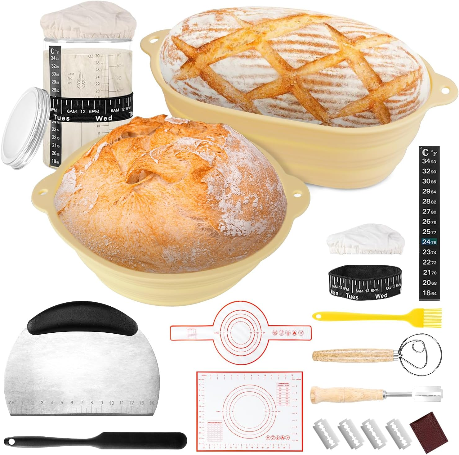Sourdough Starter Kit Bread Baking Supplies, Bread Proofing Basket Set of 2 round and Oval - 30Oz Jar (1000Ml Glass) & Two Silicone Baskets, Sour Dough Kit Tools, Premium Baking Tools image number 2