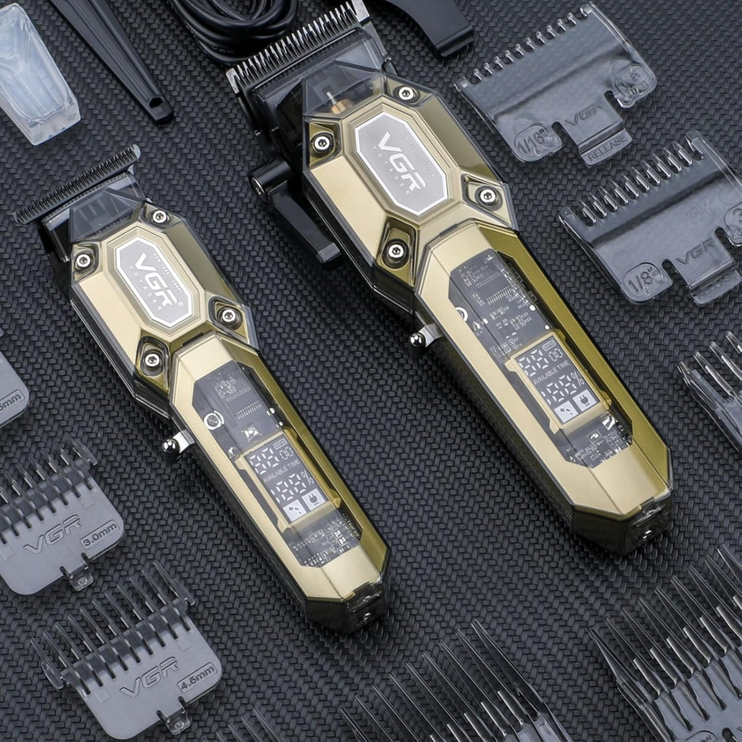 VGR Professional Hair Clippers for Men, Cordless Barber Clippers and Trimmers Set, Mens Hair Cutting Kit with 10 Guide Combs, USB Rechargeable Haircut Machine for Family, LED Display, Gold