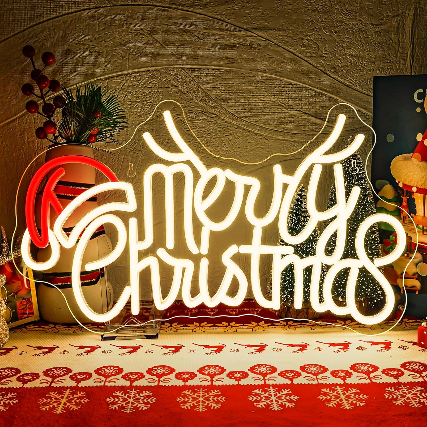 SIGNSHIP Merry Christmas Antlers Hat Neon Sign, Merry Christmas Elk Antlers Hat LED Sign, LED Lettering with Dimmable, Light Signs for Wall Decoration, Christmas Party, Bedroom, New Year Party