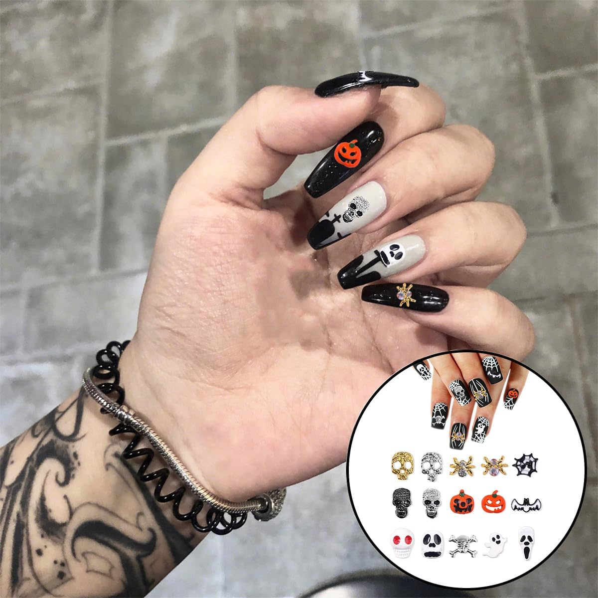 WELANE Halloween Nail Charms, 30 PCS Alloy Skeleton Pumpkin Ghost Spider Nails Decorations for DIY Nail Art, Jewelry Making,Cellphone Decorations (15 Kind) image number 2