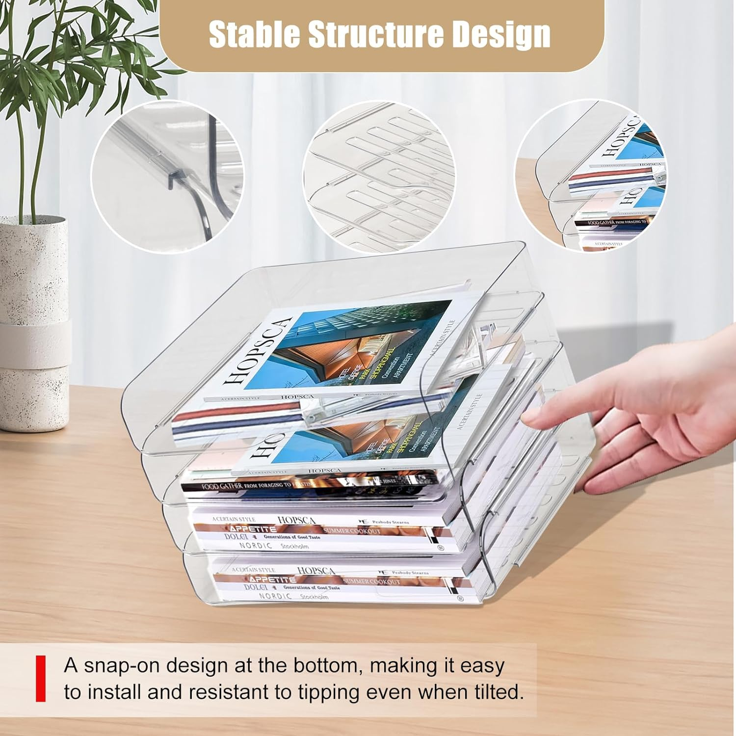 Clear Stackable Paper Trays 4 Pack, Letter Tray Desk Organizer, Desktop Organizers and Storage for Books, Magazines, Folders, A4 Size File Paper, Office Supplies image number 4