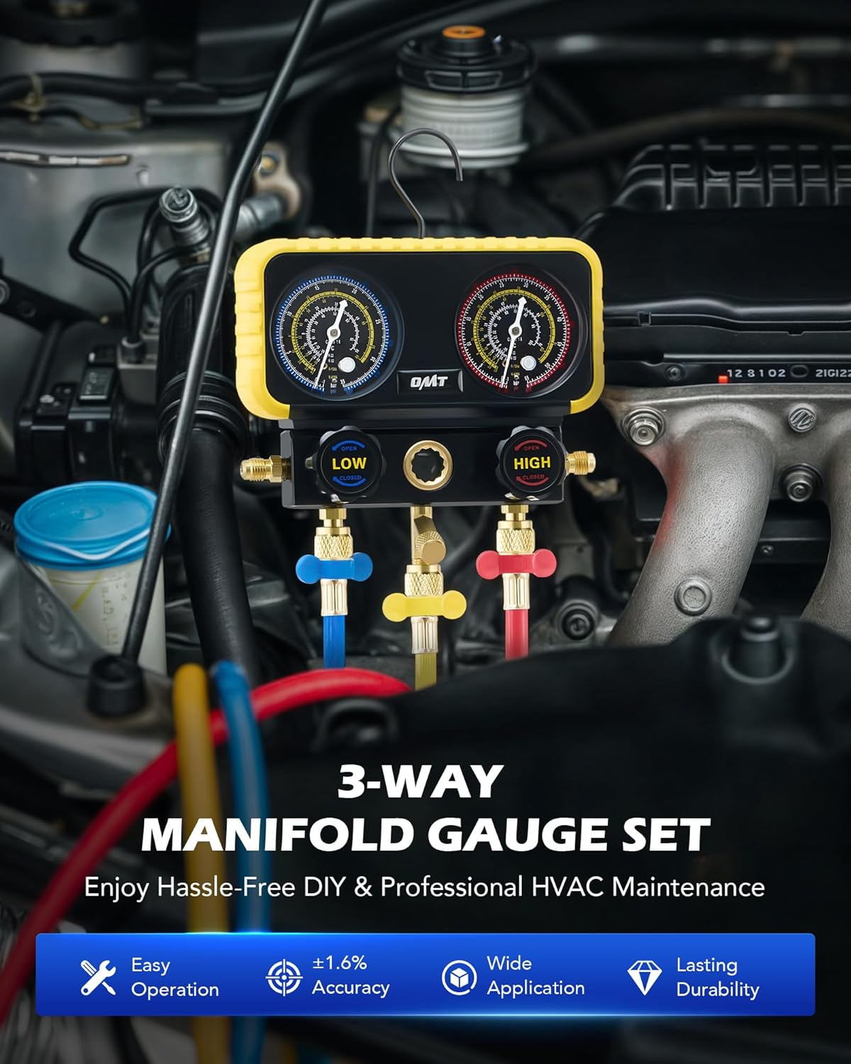 R410A Manifold Gauge Set with 3 Hoses, Safety Valves, Adapters, Universal Can Tap - AC Recharge Kit image number 4