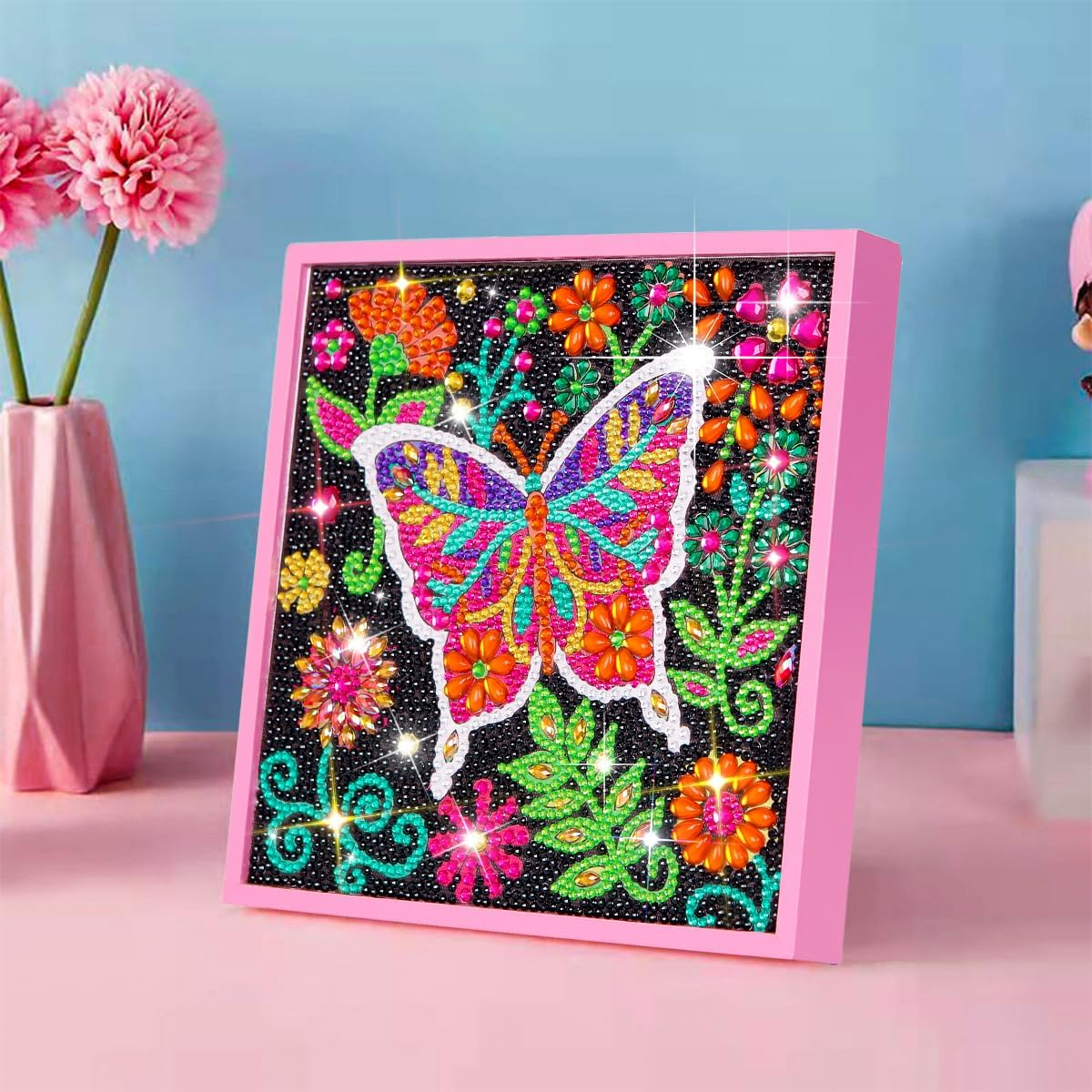 4PCS Sets Pink Bling Car Cup Holder Coasters for Car & Shiny Pink Push to Start Button Cover Key Ignition Ring Universal Auto Cute Pink Car Accessories Interior Decor for Women