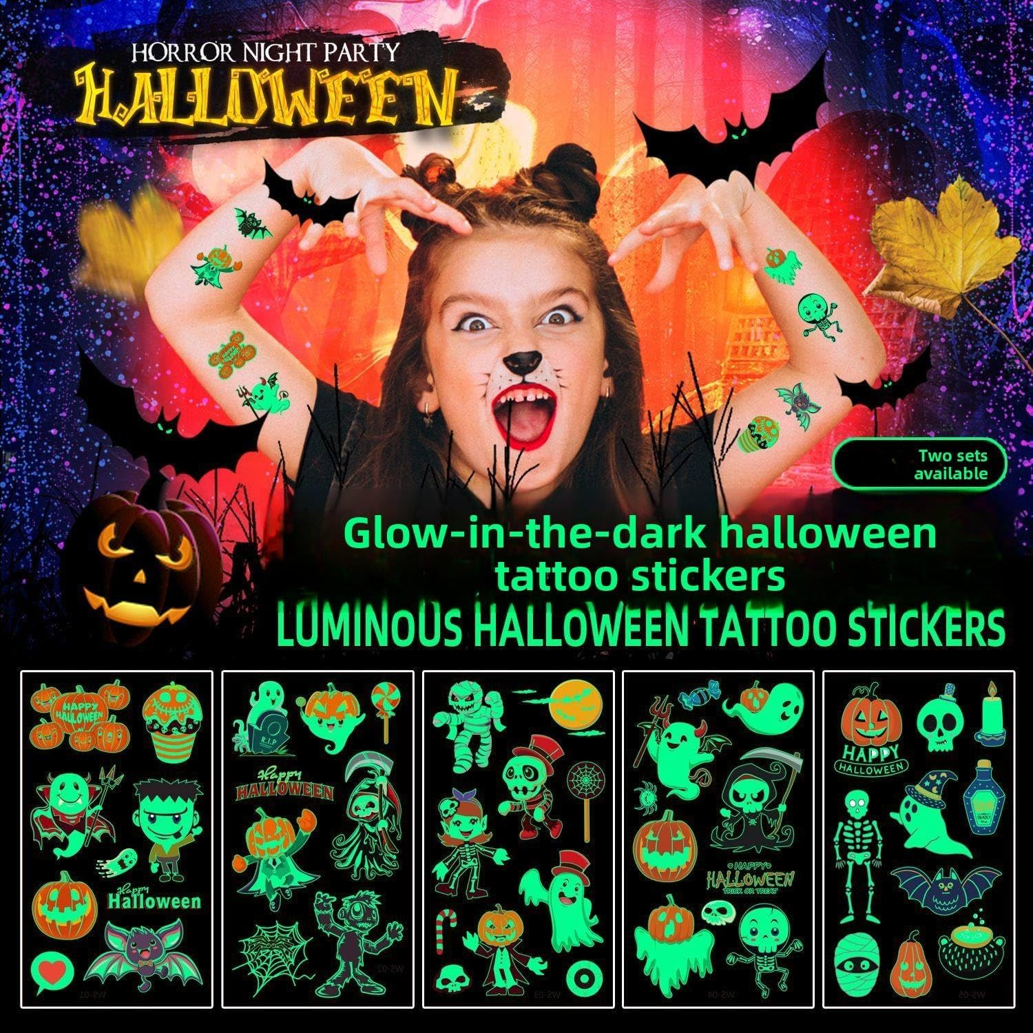 10 Sheets Halloween Temporary Tattoos for Kids,Halloween Tattoo Luminous Stickers Stocking Stuffers Halloween Party Favors Glow in Dark，Tattoos Face Make up Gift Filler Decoration for Boys Girls image number 1
