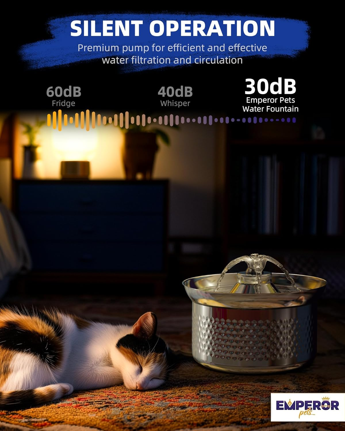 Emperor Pets - Cat Water Fountain & Pet Water Fountain, 108Oz/3.2L Stainless Steel Pet Drinking Fountain - Automatic Cat Water Dispenser & Dog Fountain - Dishwasher Safe, Ultra-Quiet Pump Kitty Spout image number 2