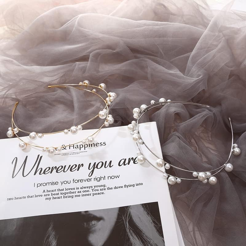 Double Layer Pearl Beaded Headbands Hair Hoops Bridal Hairbands Wedding Hair Accessories Fashion Elegant Pearl Headbands for Women Girls (Silver)