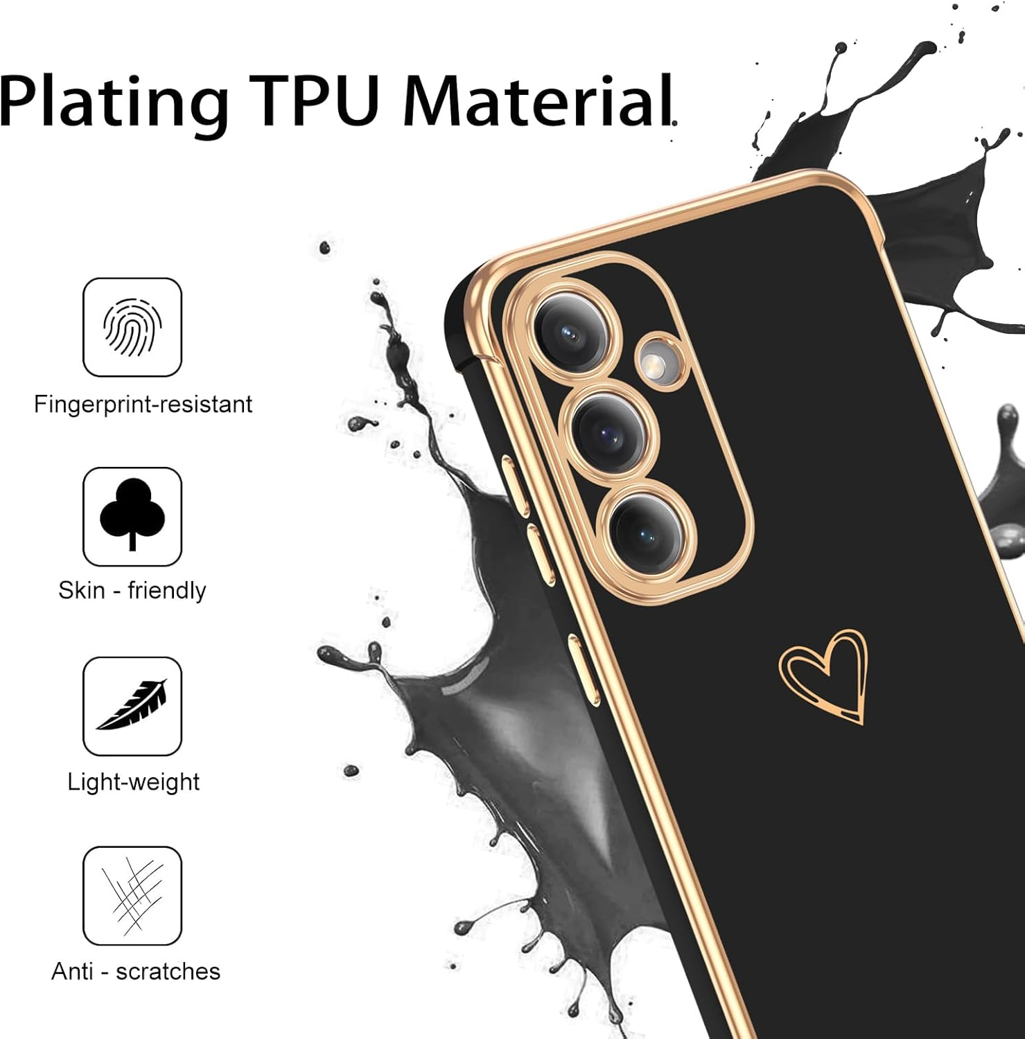 GUAGUA Case for Samsung S25 FE 5G 6.7", Cute Heart Pattern Cases Soft TPU Plating Cover for Women with Camera Protection & 4 Corners Shockproof Protection, Black image number 3