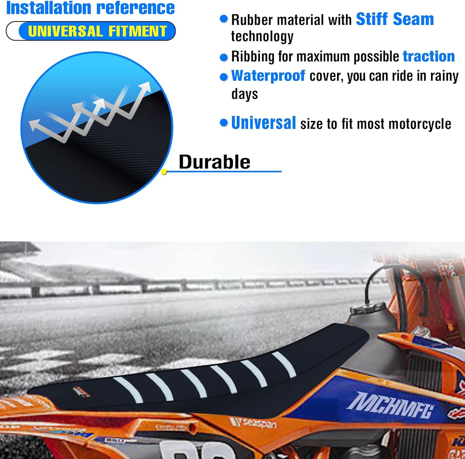 MCHMFG Motorcycle Universal Seat Cover Non-Slip Rubber Striped Gripper Soft Sewing for CRF WR WRF RMZ YZF SXF EXC EXC XC SX CR KLX Dirt Pit Bike Motocross off Road Motorbike (White) - Green image number 2