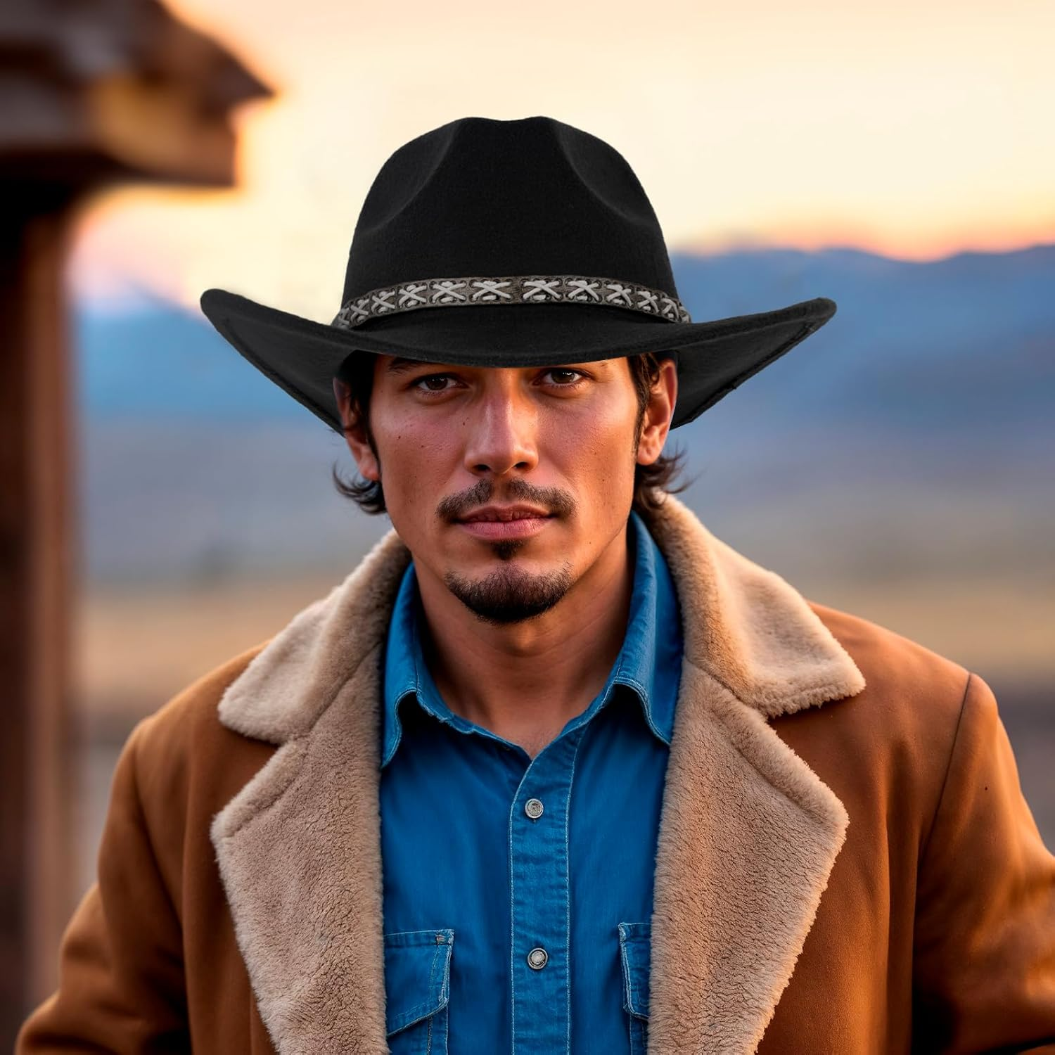 XURUIAU Men'S and Women'S Cowboy Hat Classic Felt Wide Edge Western Cowboy Hat Black image number 2