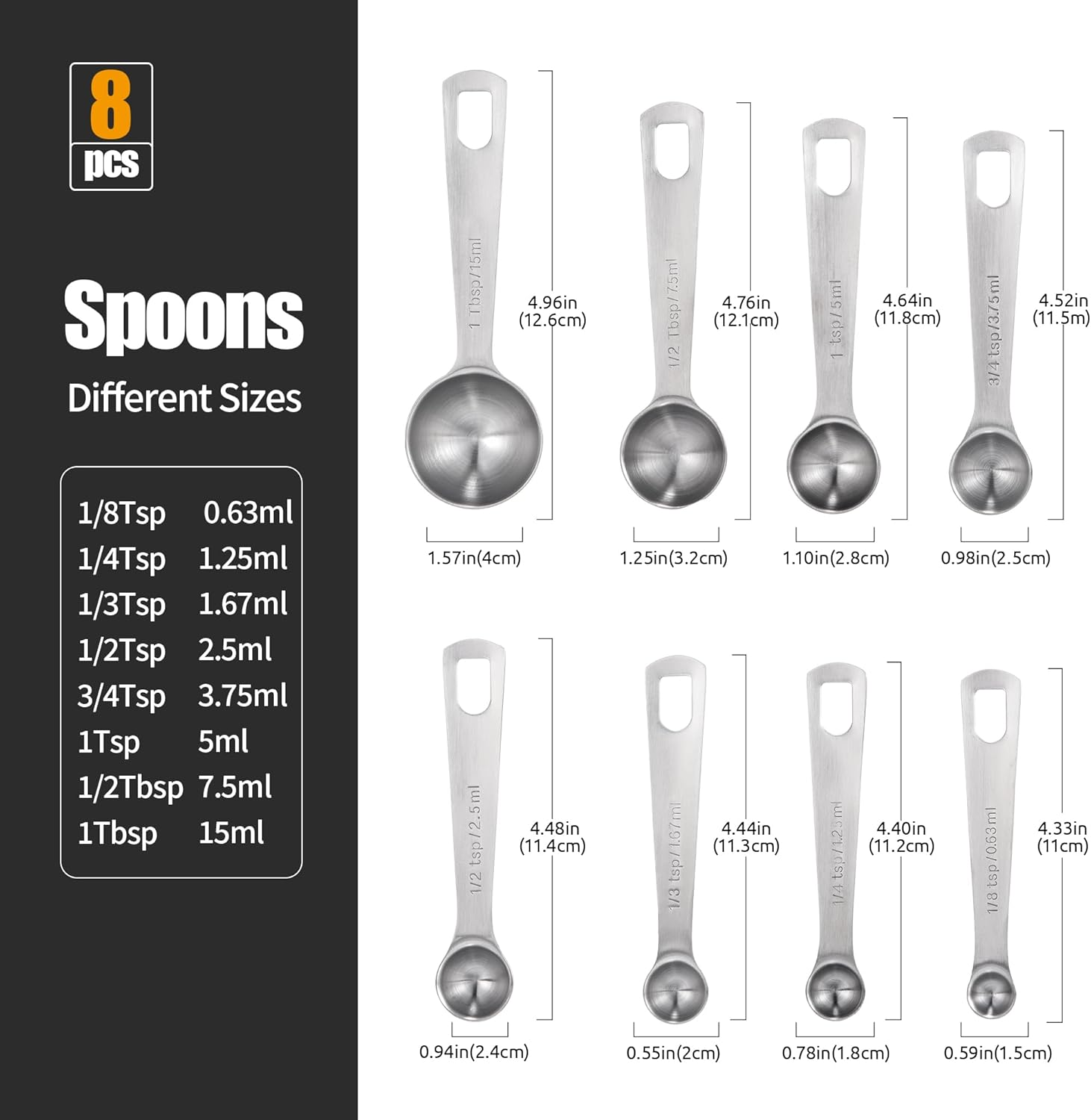 Doosu Measuring Spoons Set of 8-18/8 Stainless Steel Heavy Duty Teaspoons Tablespoons with Engraved Metric & US Measurements, Metal Measure Spoon for Dry and Liquid Ingredients, Dishwasher Safe image number 1