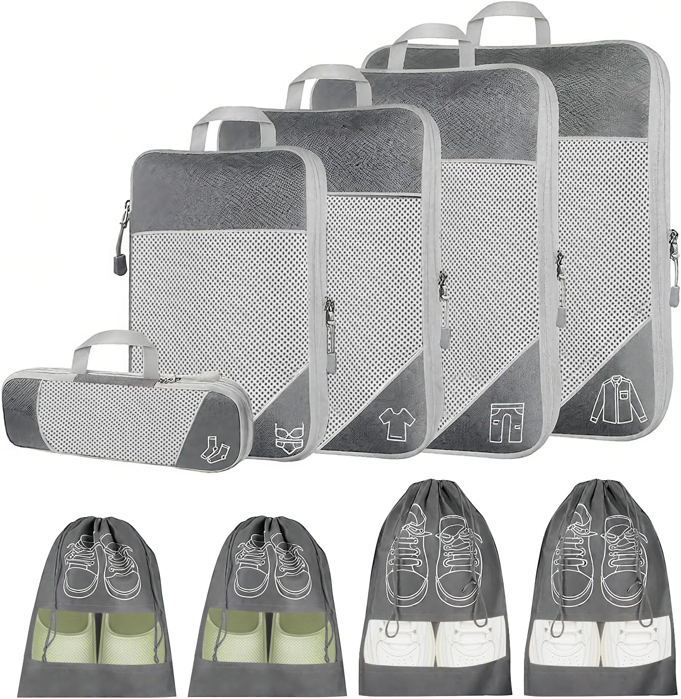 9-Piece Compression Packing Cube Set, Compression Packing Cube for Organising Your Travel Luggage, Ultralight, Storage Bag, Suitcase Organiser, for Backpack & Suitcase (Grey)