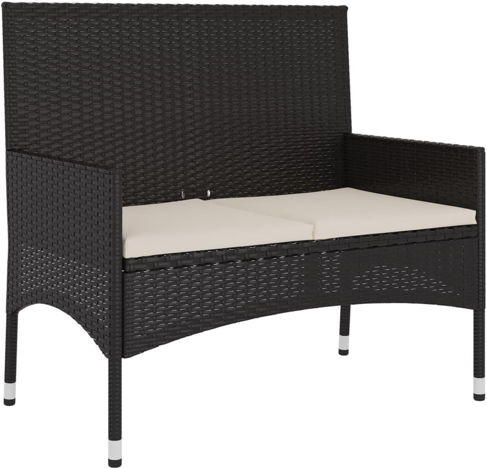 Vidaxl Outdoor 2-Seater Garden Bench in Black Poly Rattan with Removable Cream Cushions, Durable and Low-Maintenance, Ideal for Garden and Terrace Setting