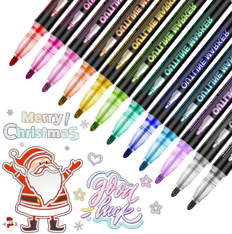 12 Color Metallic Outline Markers，Double Line Glitter Pens for Greeting Cards,Art Drawing, Cards & Crafts (12)