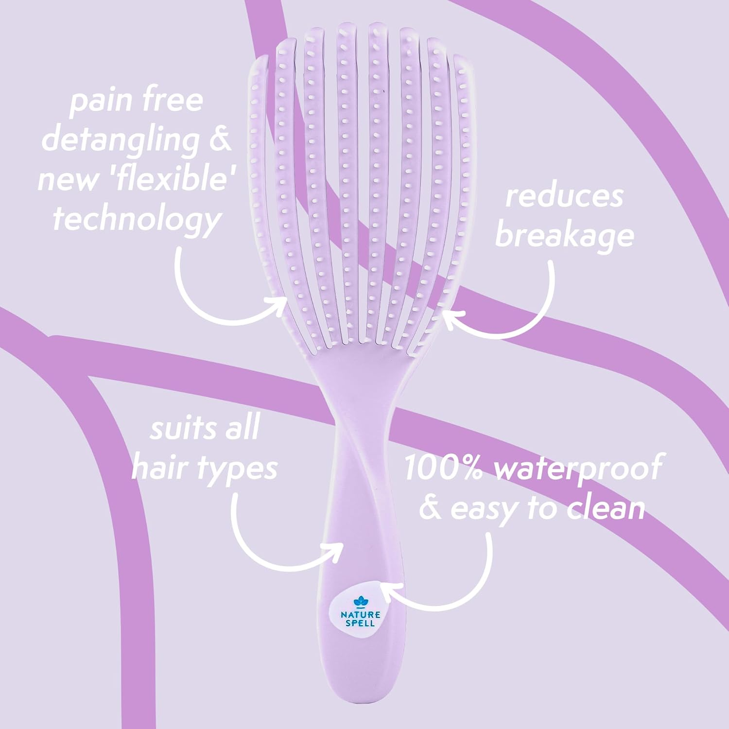 Nature Spell Flexiflow Detangling Hair Brush | Detangles All Hair Types | for Wet & Dry Hair | Flexible Strands for Pain Free Brushing & Cleaning | Eliminates Knots & Reduces Breakage | (Purple) - Purple image number 2