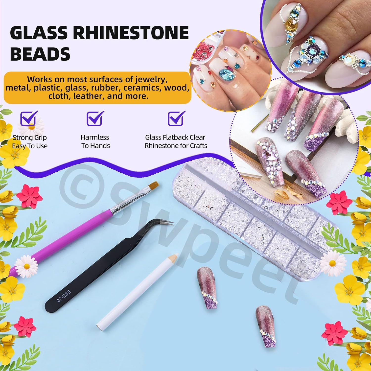 Swpeet 2606Pcs Jewelry Adhesive with 4 Mixed Sizes 2Mm 3Mm 4Mm 5Mm Clear Rhinestones Kit, Clear Flat Back Crystal round Glass Gems for DIY Clothes Fabric Shoes Jewelry Making Nail Art image number 2